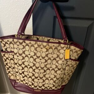 Coach Signature Canvas Tote - Brown and Burgundy